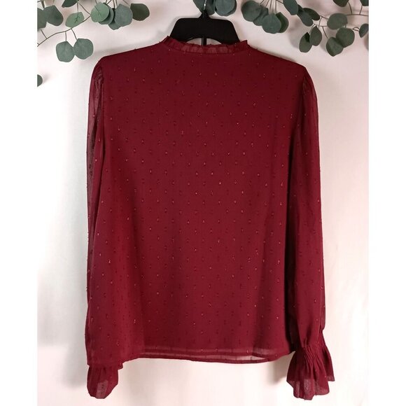 INC Milan Kiss Ruffled Cuff Blouse Bordeaux Size M Long Sleeve Excellent - Picture 2 of 6